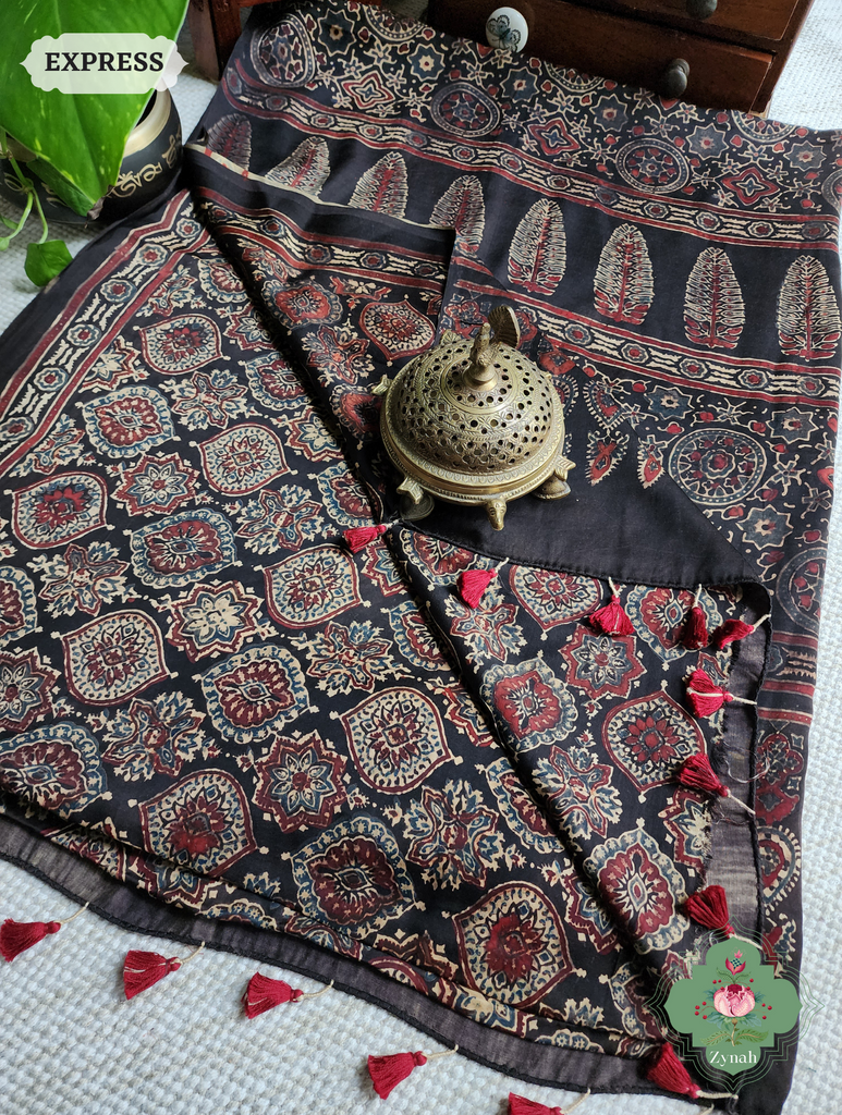 Dark Brown Ajrakh Modal Silk Saree, Crafted Using The Traditional Method Of Hand Block Printing Using 100% Natural Dyes