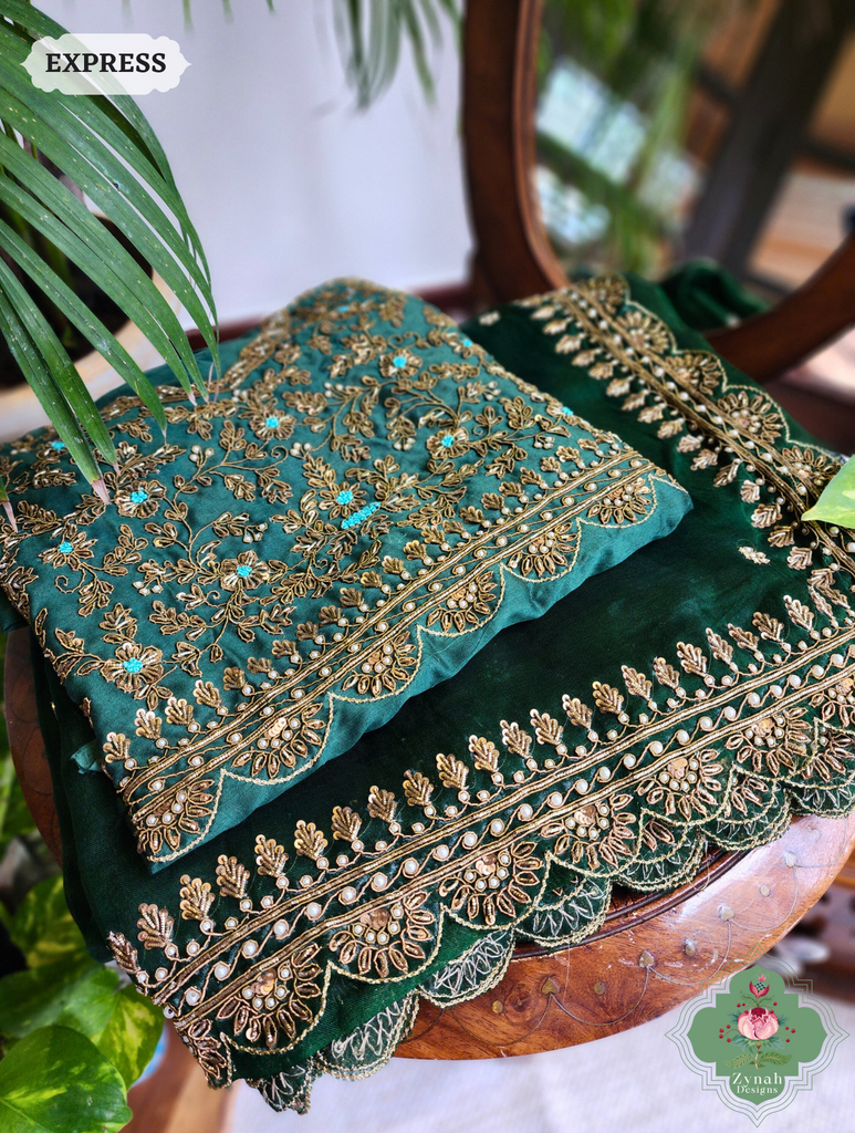 Zynah Bottle Green Organza Silk Saree With Zardozi & Maggam Hand Embroidery; Custom Stitched/Ready-made Blouse, Fall, Petticoat; SKU: 0708202402