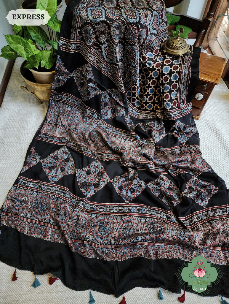Black & Indigo Ajrakh Modal Silk Saree, Crafted Using The Traditional Method Of Hand Block Printing Using 100% Natural Dyes