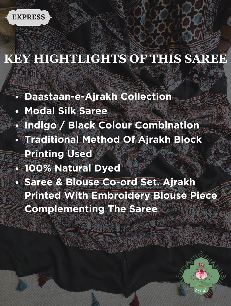 Black & Indigo Ajrakh Modal Silk Saree, Crafted Using The Traditional Method Of Hand Block Printing Using 100% Natural Dyes