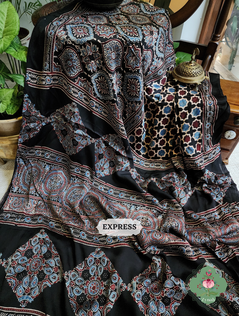 Black & Indigo Ajrakh Modal Silk Saree, Crafted Using The Traditional Method Of Hand Block Printing Using 100% Natural Dyes