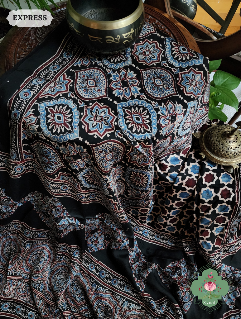 Black & Indigo Ajrakh Modal Silk Saree, Crafted Using The Traditional Method Of Hand Block Printing Using 100% Natural Dyes