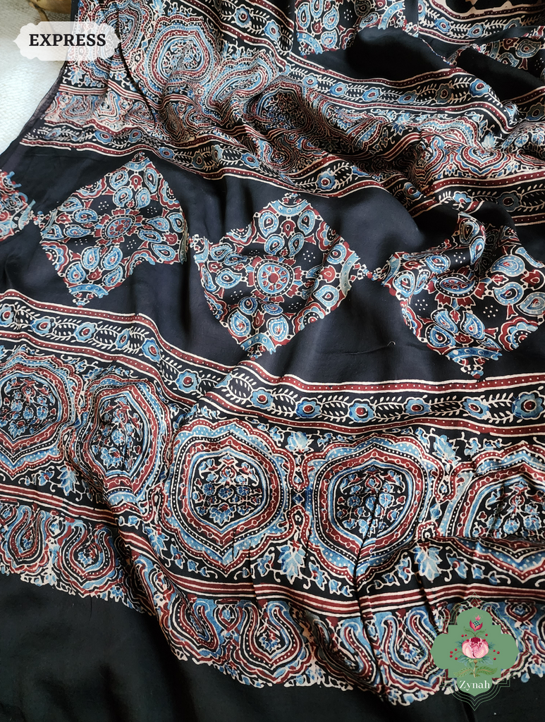 Black & Indigo Ajrakh Modal Silk Saree, Crafted Using The Traditional Method Of Hand Block Printing Using 100% Natural Dyes