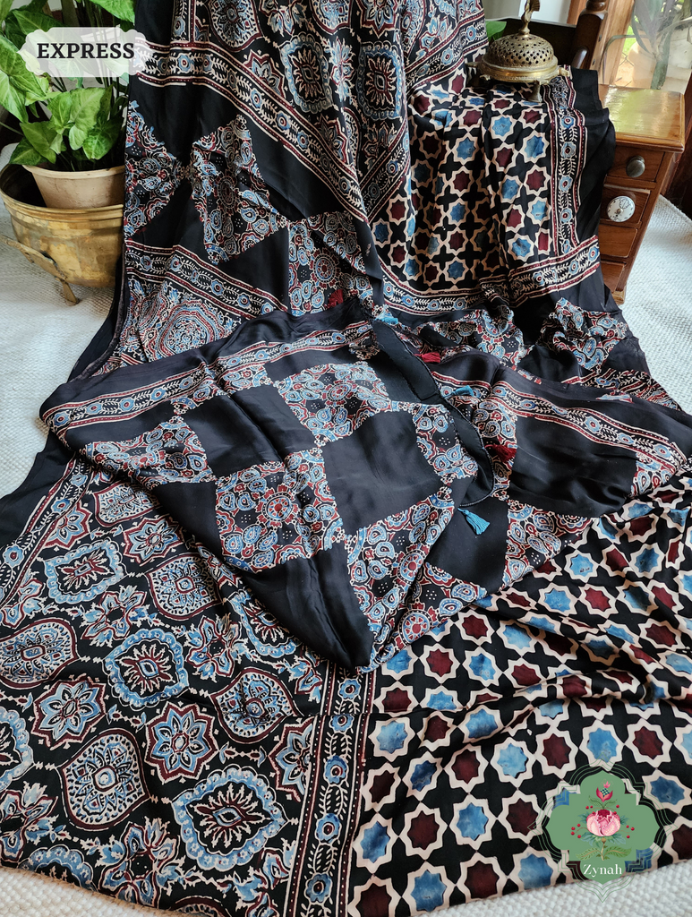 Black & Indigo Ajrakh Modal Silk Saree, Crafted Using The Traditional Method Of Hand Block Printing Using 100% Natural Dyes