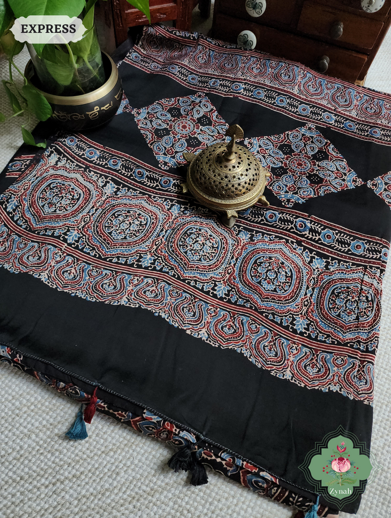 Black & Indigo Ajrakh Modal Silk Saree, Crafted Using The Traditional Method Of Hand Block Printing Using 100% Natural Dyes