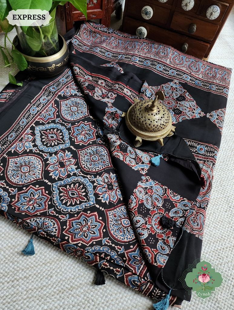Black & Indigo Ajrakh Modal Silk Saree, Crafted Using The Traditional Method Of Hand Block Printing Using 100% Natural Dyes