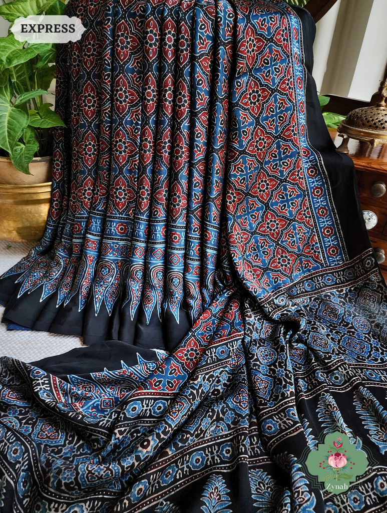 Black & Indigo Ajrakh Modal Silk Saree, Crafted Using The Traditional Method Of Hand Block Printing Using 100% Natural Dyes