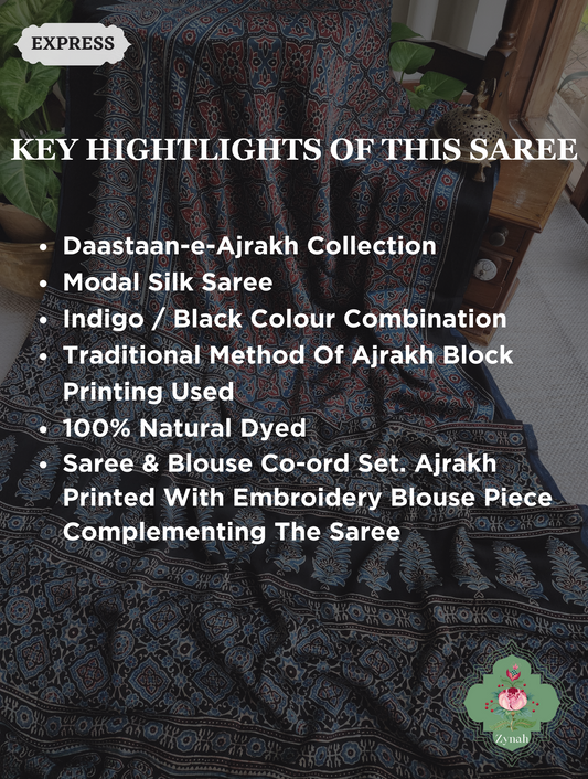 Black & Indigo Ajrakh Modal Silk Saree, Crafted Using The Traditional Method Of Hand Block Printing Using 100% Natural Dyes