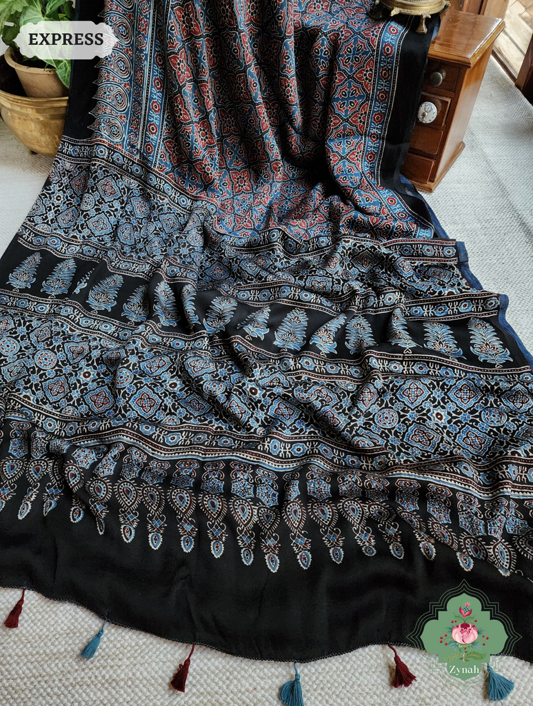 Black & Indigo Ajrakh Modal Silk Saree, Crafted Using The Traditional Method Of Hand Block Printing Using 100% Natural Dyes