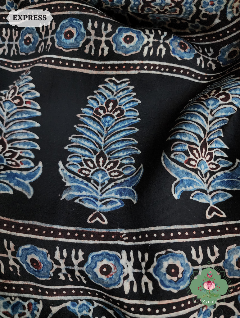 Black & Indigo Ajrakh Modal Silk Saree, Crafted Using The Traditional Method Of Hand Block Printing Using 100% Natural Dyes
