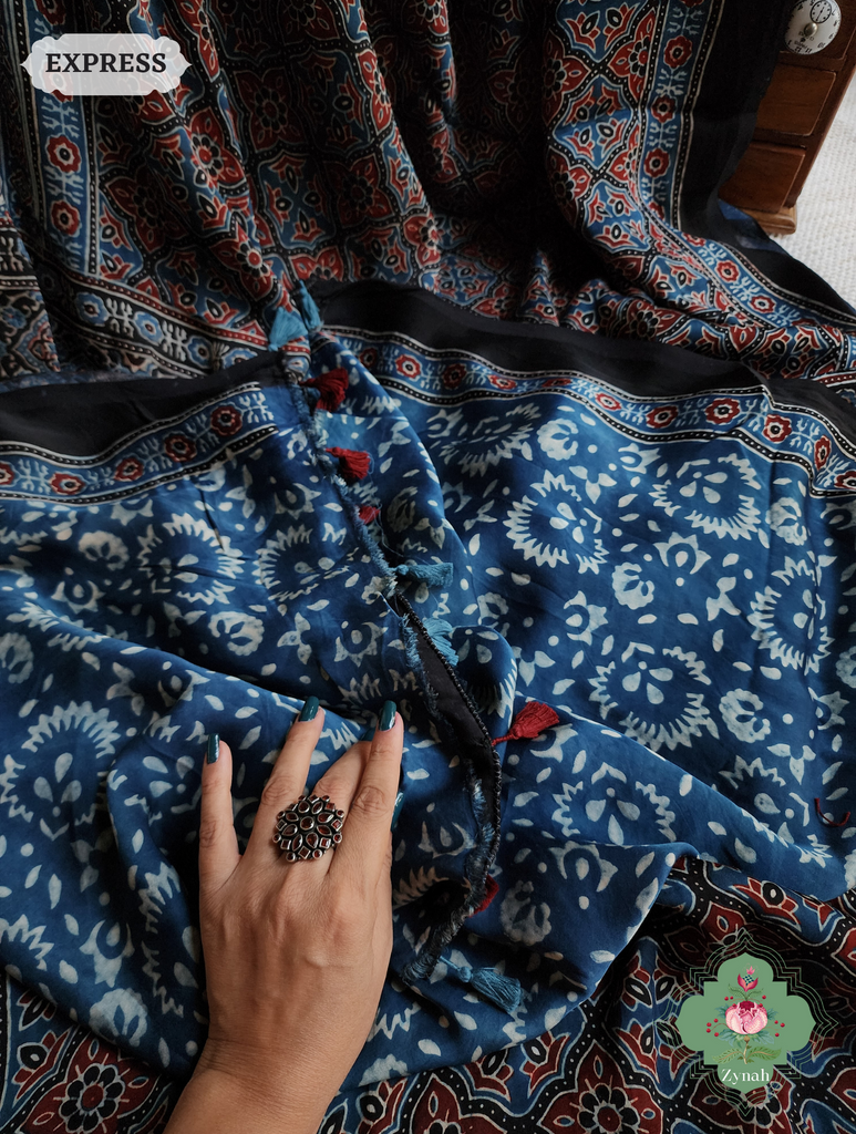 Black & Indigo Ajrakh Modal Silk Saree, Crafted Using The Traditional Method Of Hand Block Printing Using 100% Natural Dyes