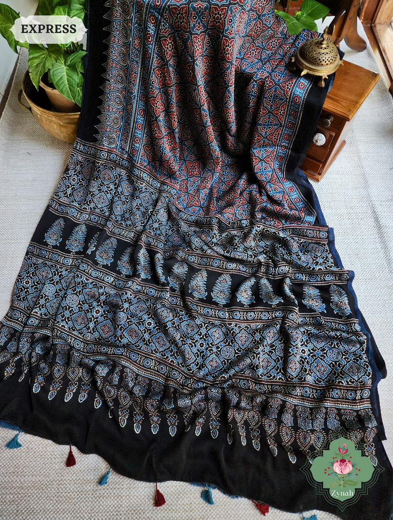 Black & Indigo Ajrakh Modal Silk Saree, Crafted Using The Traditional Method Of Hand Block Printing Using 100% Natural Dyes