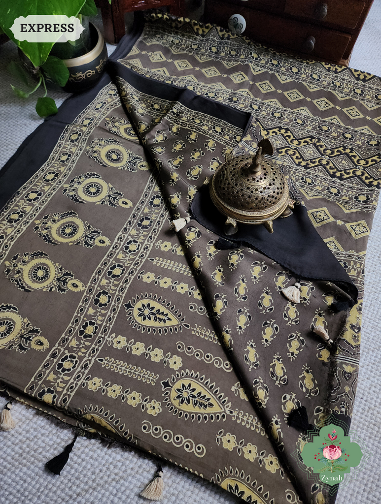 Brown Ajrakh Modal Silk Saree, Crafted Using The Traditional Method Of Hand Block Printing Using 100% Natural Dyes