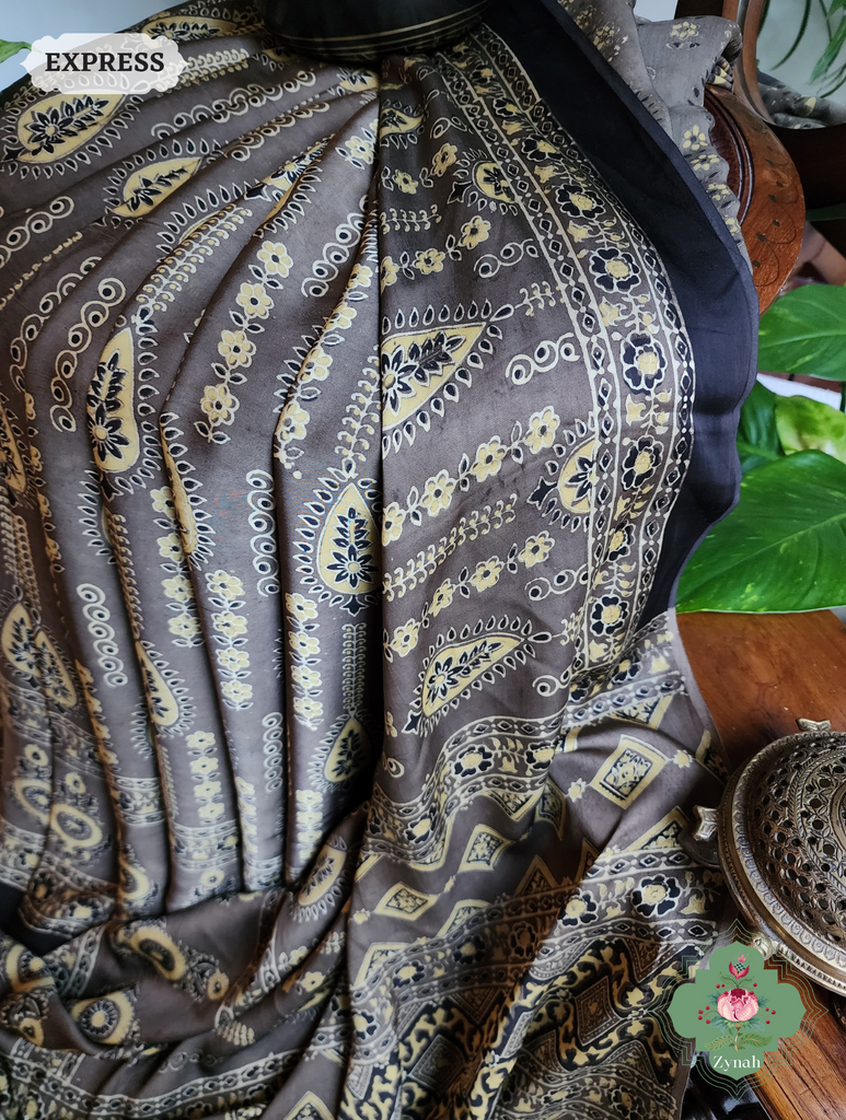 Brown Ajrakh Modal Silk Saree, Crafted Using The Traditional Method Of Hand Block Printing Using 100% Natural Dyes