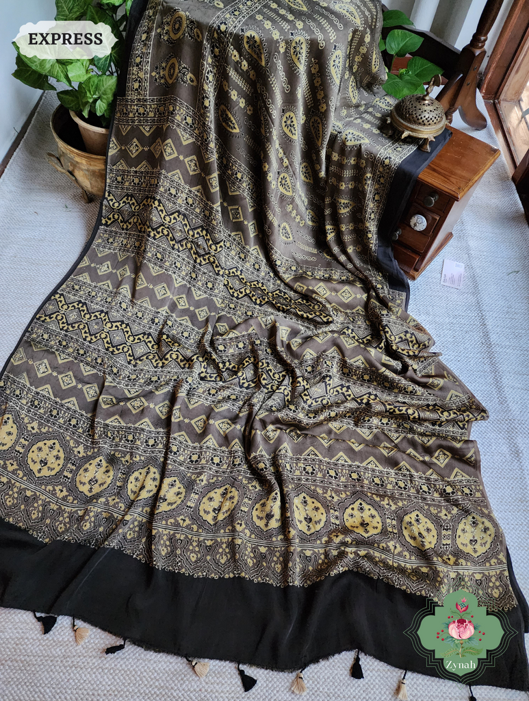 Brown Ajrakh Modal Silk Saree, Crafted Using The Traditional Method Of Hand Block Printing Using 100% Natural Dyes
