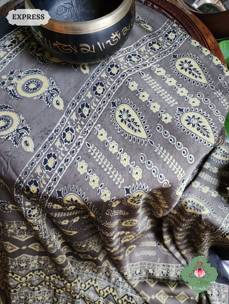 Brown Ajrakh Modal Silk Saree, Crafted Using The Traditional Method Of Hand Block Printing Using 100% Natural Dyes