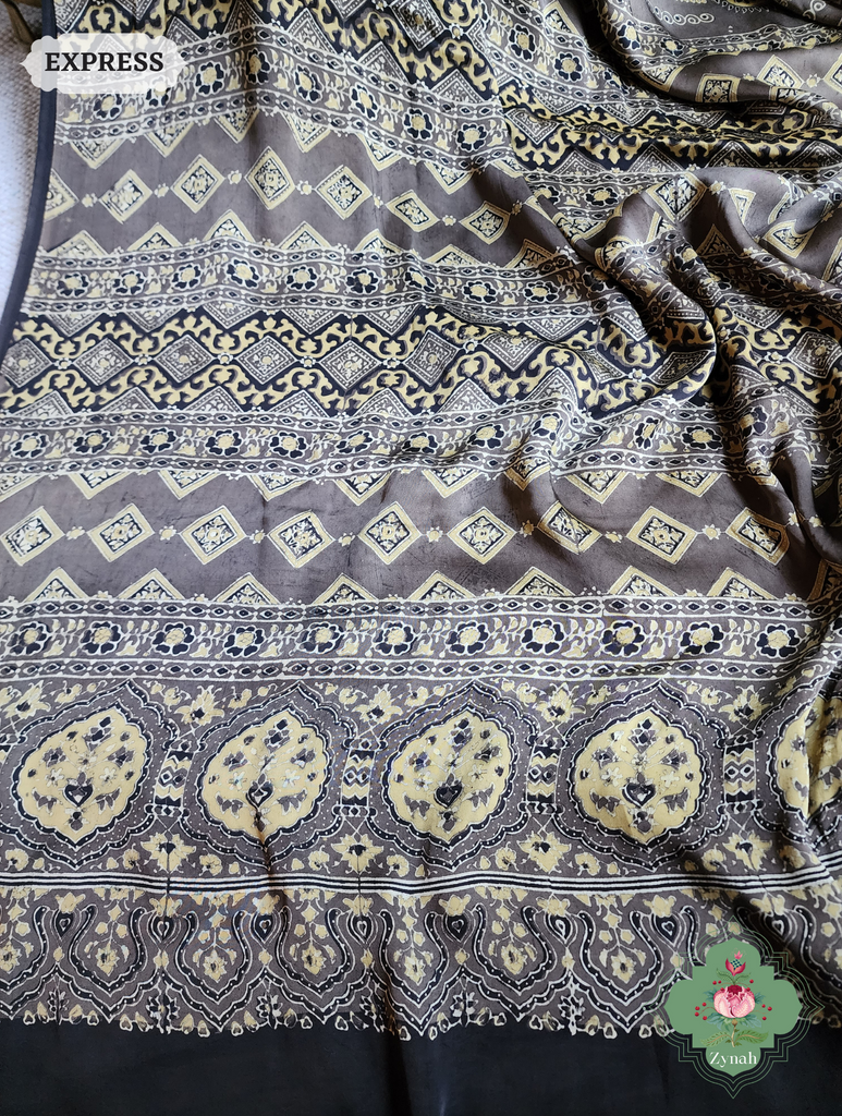 Brown Ajrakh Modal Silk Saree, Crafted Using The Traditional Method Of Hand Block Printing Using 100% Natural Dyes
