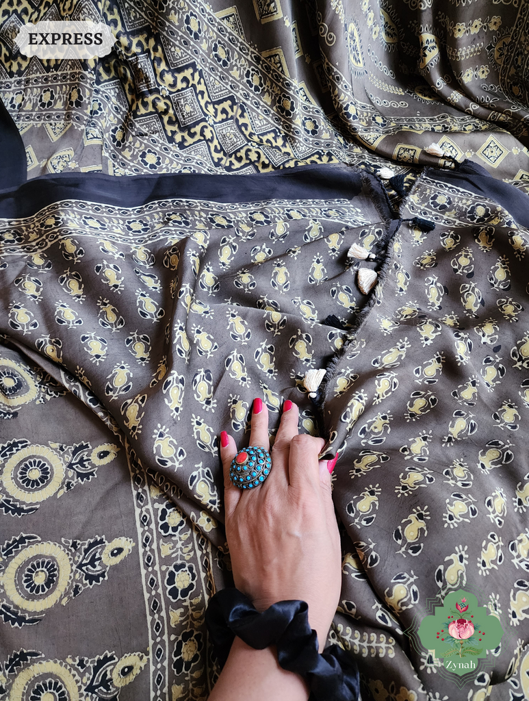 Brown Ajrakh Modal Silk Saree, Crafted Using The Traditional Method Of Hand Block Printing Using 100% Natural Dyes