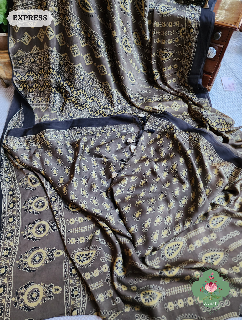 Brown Ajrakh Modal Silk Saree, Crafted Using The Traditional Method Of Hand Block Printing Using 100% Natural Dyes