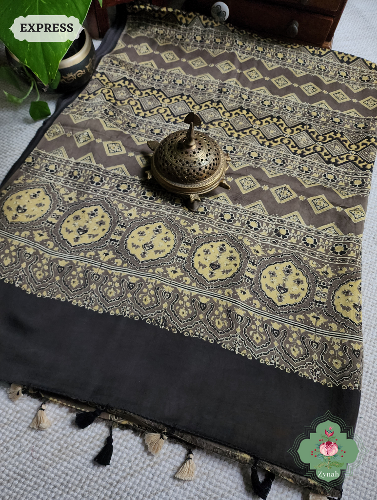 Brown Ajrakh Modal Silk Saree, Crafted Using The Traditional Method Of Hand Block Printing Using 100% Natural Dyes
