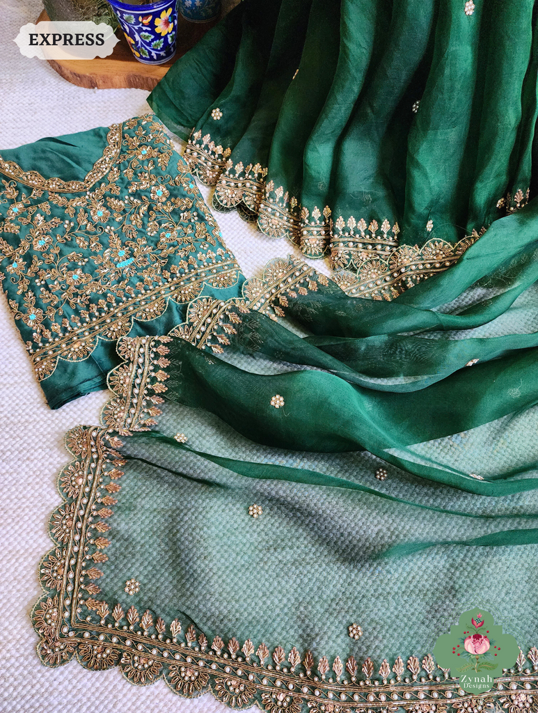 Zynah Bottle Green Organza Silk Saree With Zardozi & Maggam Hand Embroidery; Custom Stitched/Ready-made Blouse, Fall, Petticoat; SKU: 0708202402