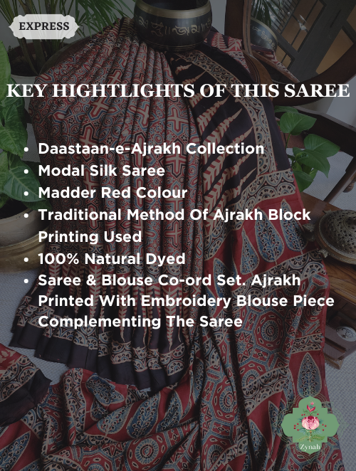 Madder Red Ajrakh Modal Silk Saree, Crafted Using The Traditional Method Of Hand Block Printing Using 100% Natural Dyes