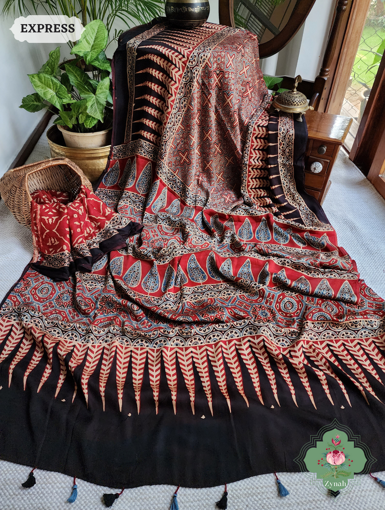 Madder Red Ajrakh Modal Silk Saree, Crafted Using The Traditional Method Of Hand Block Printing Using 100% Natural Dyes