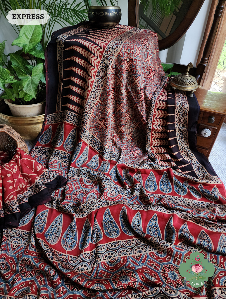 Madder Red Ajrakh Modal Silk Saree, Crafted Using The Traditional Method Of Hand Block Printing Using 100% Natural Dyes