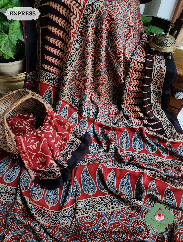 Madder Red Ajrakh Modal Silk Saree, Crafted Using The Traditional Method Of Hand Block Printing Using 100% Natural Dyes