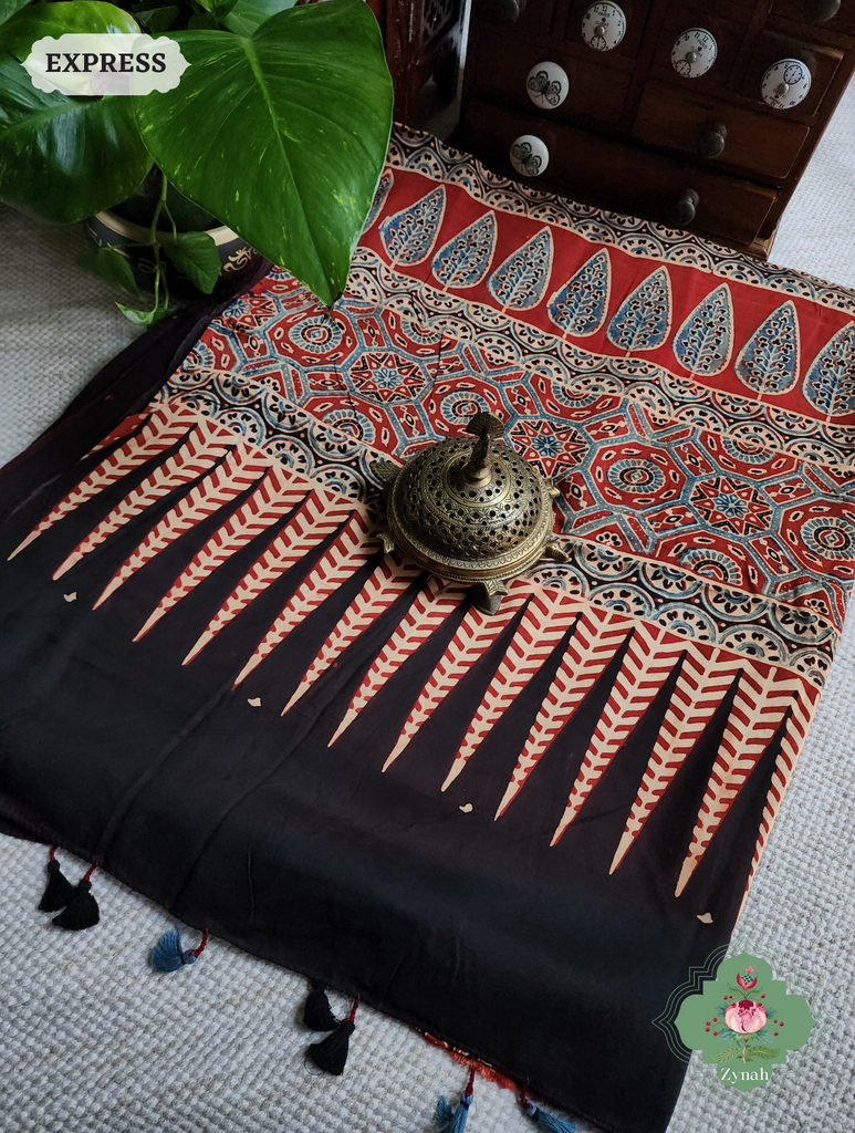 Madder Red Ajrakh Modal Silk Saree, Crafted Using The Traditional Method Of Hand Block Printing Using 100% Natural Dyes