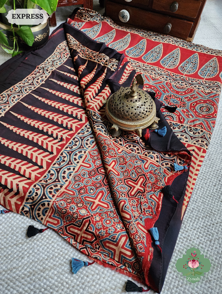 Madder Red Ajrakh Modal Silk Saree, Crafted Using The Traditional Method Of Hand Block Printing Using 100% Natural Dyes