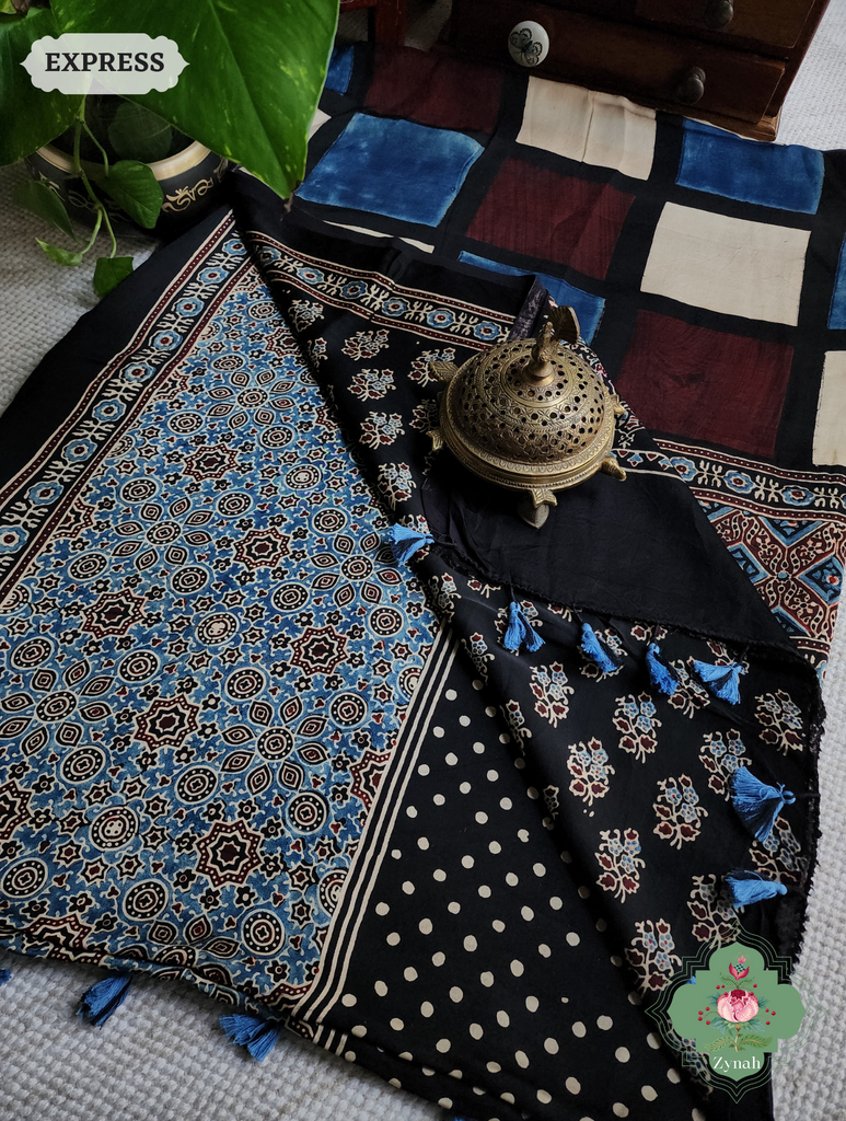 Black Ajrakh Modal Silk Saree, Crafted Using The Traditional Method Of Hand Block Printing Using 100% Natural Dyes