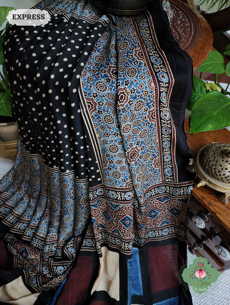 Black Ajrakh Modal Silk Saree, Crafted Using The Traditional Method Of Hand Block Printing Using 100% Natural Dyes