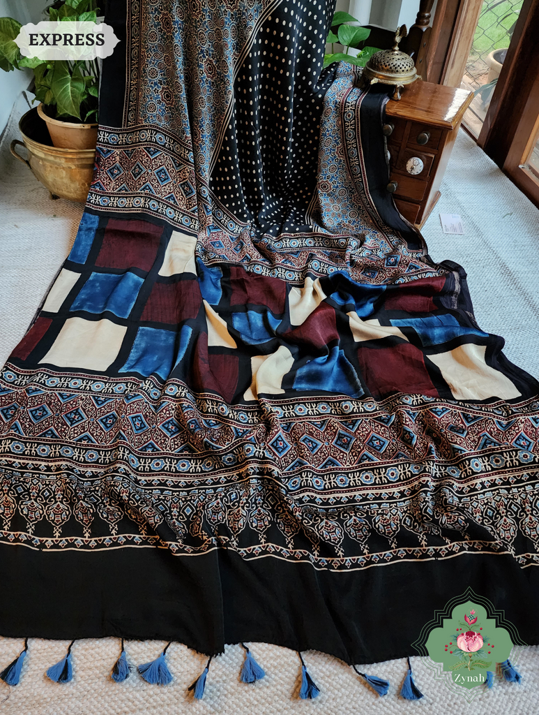 Black Ajrakh Modal Silk Saree, Crafted Using The Traditional Method Of Hand Block Printing Using 100% Natural Dyes