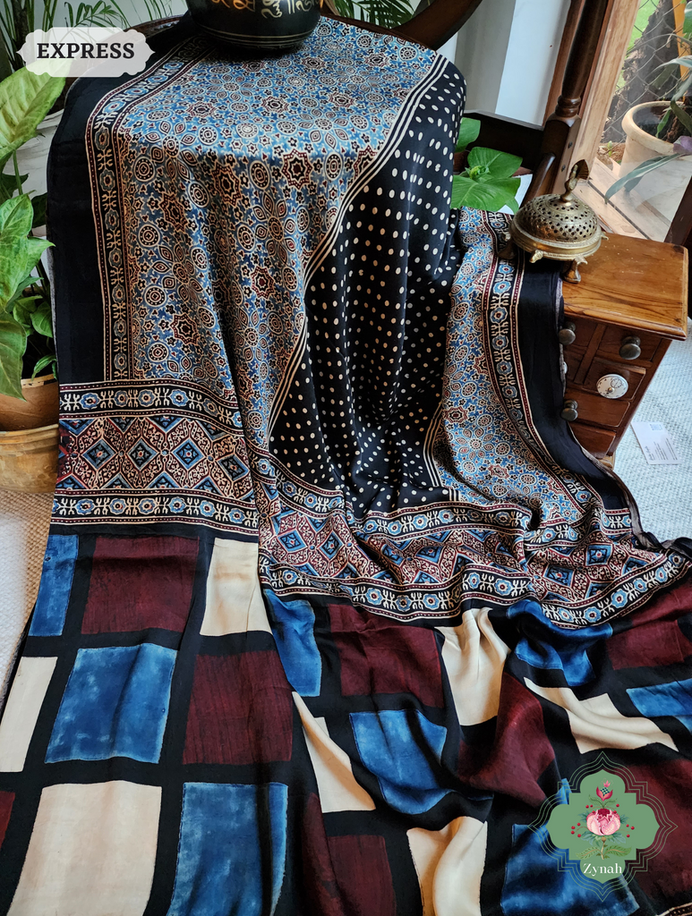Black Ajrakh Modal Silk Saree, Crafted Using The Traditional Method Of Hand Block Printing Using 100% Natural Dyes