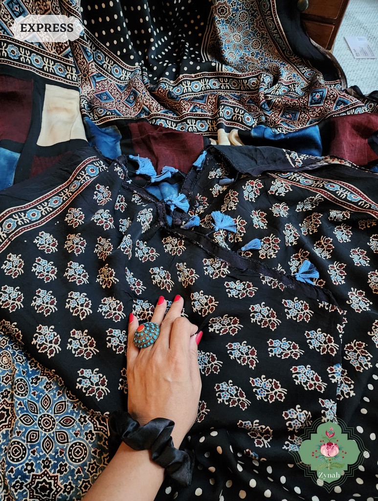 Black Ajrakh Modal Silk Saree, Crafted Using The Traditional Method Of Hand Block Printing Using 100% Natural Dyes