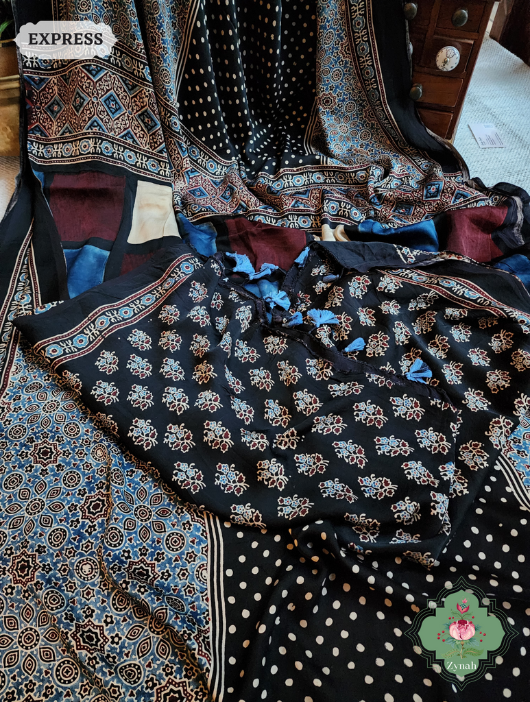 Black Ajrakh Modal Silk Saree, Crafted Using The Traditional Method Of Hand Block Printing Using 100% Natural Dyes