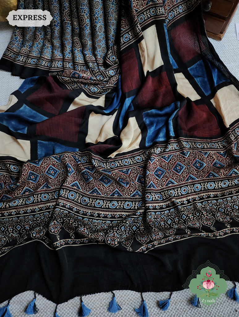 Black Ajrakh Modal Silk Saree, Crafted Using The Traditional Method Of Hand Block Printing Using 100% Natural Dyes