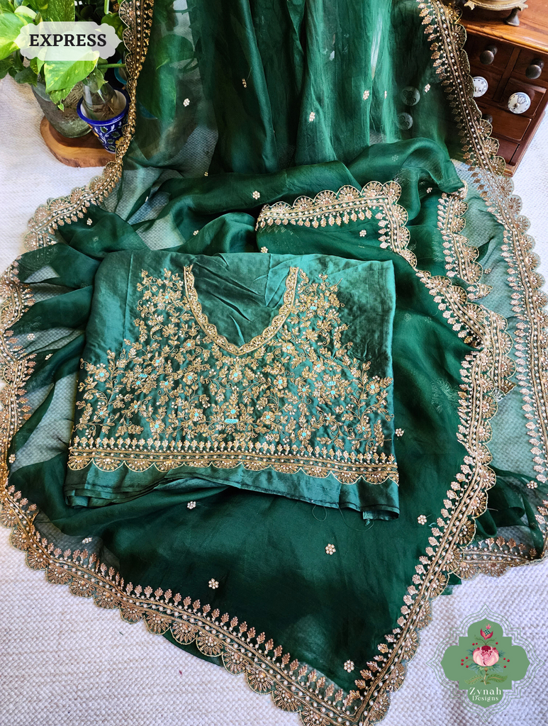 Zynah Bottle Green Organza Silk Saree With Zardozi & Maggam Hand Embroidery; Custom Stitched/Ready-made Blouse, Fall, Petticoat; SKU: 0708202402