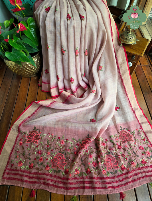 Aarika | Hand Painted Dusty Pink Linen Tissue Saree With Hand Embroidery