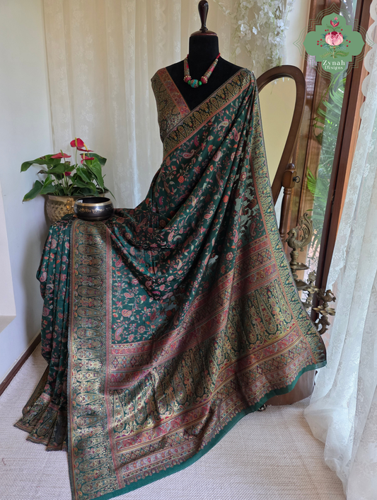 Aiza | Green Kashmiri Pure Kani Silk Jamavar Weave Saree | Made To Order
