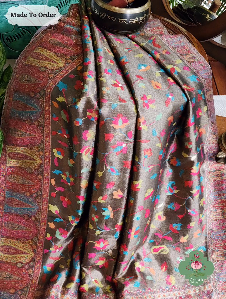 Zynah Made To Order Antique Gold Handwoven Kashmiri Pure Kani Tissue Silk Jamavar Saree; Custom Stitched/Ready-made Blouse, Fall, Petticoat; SKU: 0110202509