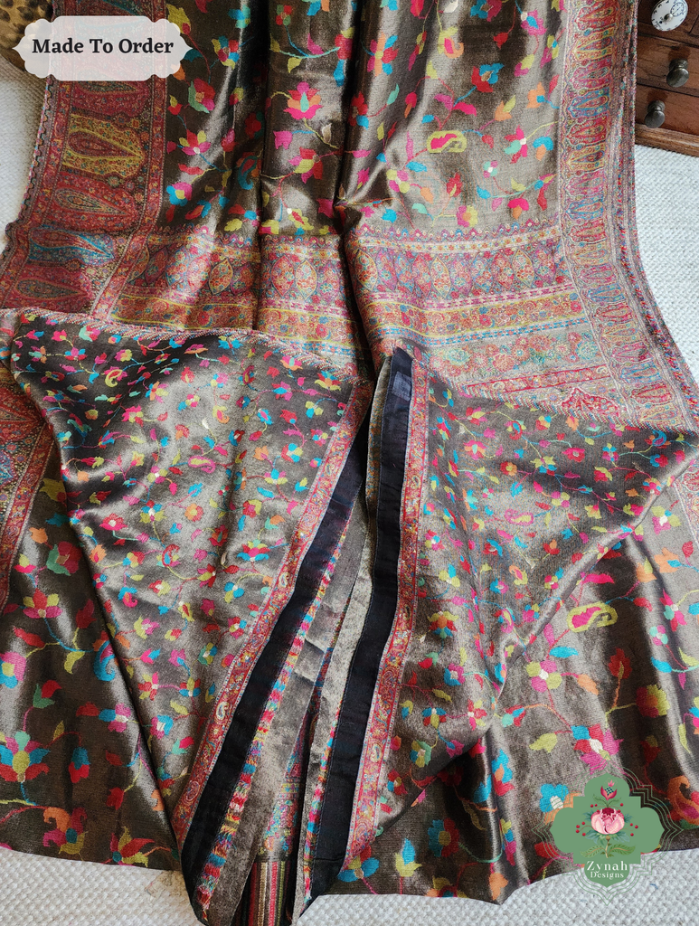 Zynah Made To Order Antique Gold Handwoven Kashmiri Pure Kani Tissue Silk Jamavar Saree; Custom Stitched/Ready-made Blouse, Fall, Petticoat; SKU: 0110202509