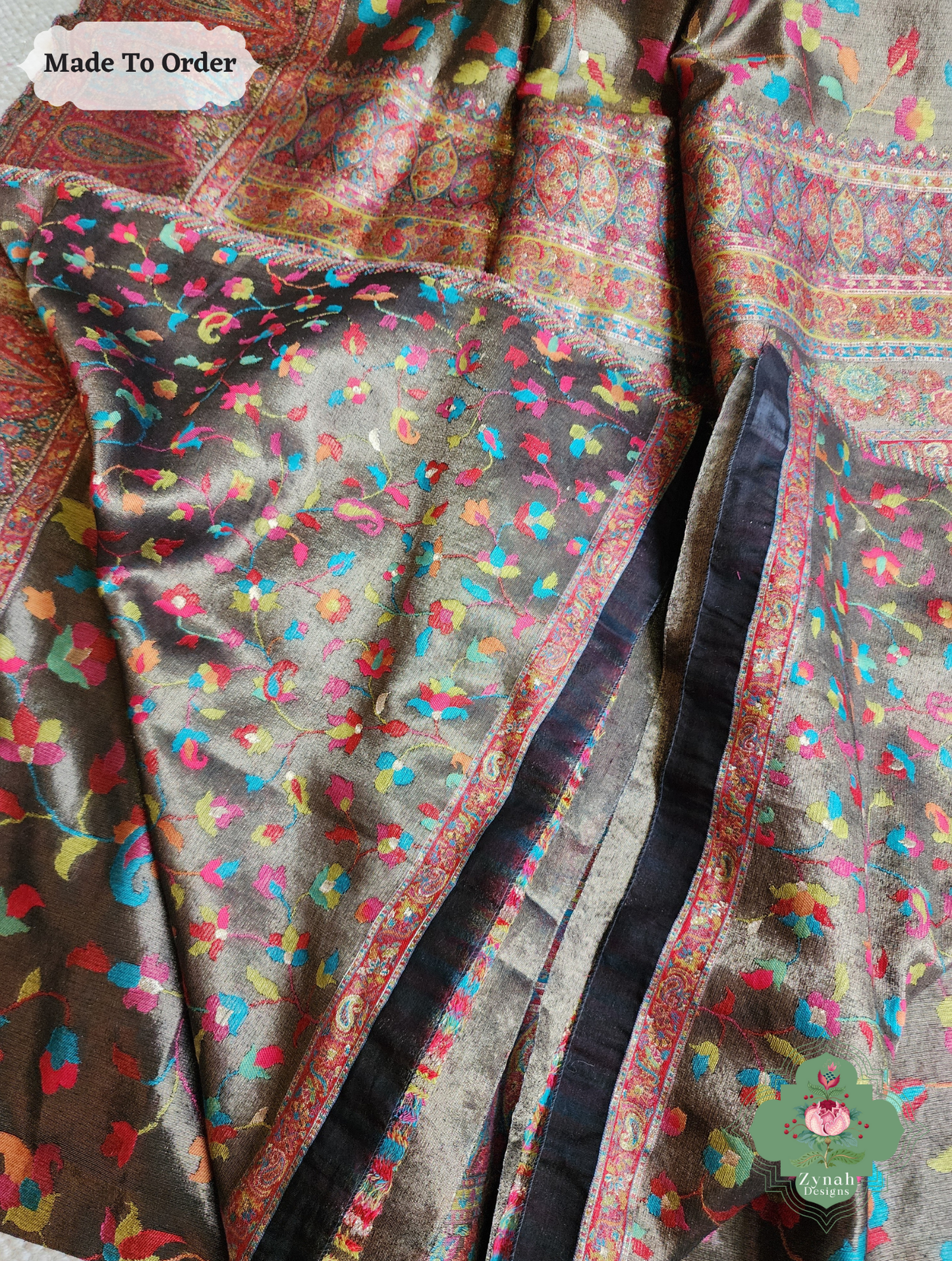 Zynah Suvarna – Antique Gold Woven Kashmiri Pure Kani Tissue Silk Jamavar Saree
