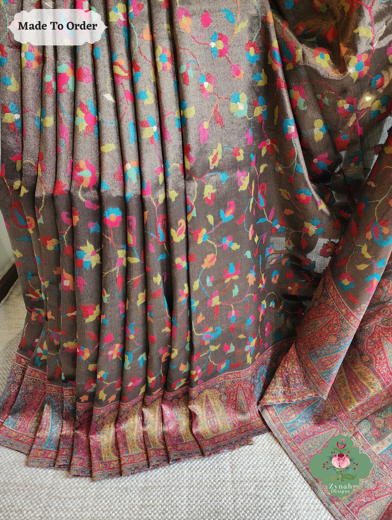 Zynah Made To Order Antique Gold Handwoven Kashmiri Pure Kani Tissue Silk Jamavar Saree; Custom Stitched/Ready-made Blouse, Fall, Petticoat; SKU: 0110202509