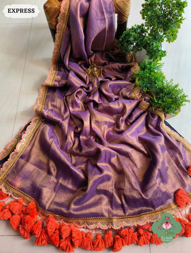 Zynah Metallic Antique Lavender Linen Tissue Saree With Scalloped Lace & Orange Tassels; Custom Stitched/Ready-made Blouse, Fall, Petticoat; SKU: 2703202501