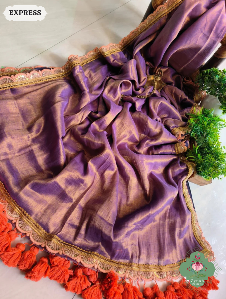 Zynah Metallic Antique Lavender Linen Tissue Saree With Scalloped Lace & Orange Tassels; Custom Stitched/Ready-made Blouse, Fall, Petticoat; SKU: 2703202501