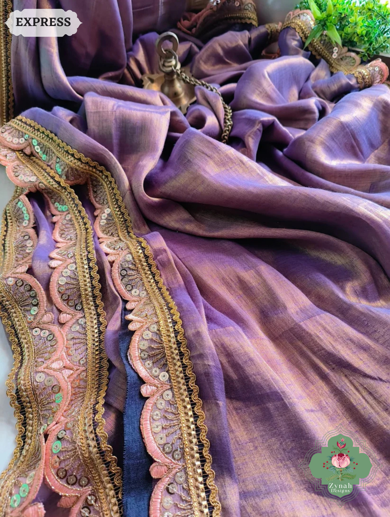 Zynah Metallic Antique Lavender Linen Tissue Saree With Scalloped Lace & Orange Tassels; Custom Stitched/Ready-made Blouse, Fall, Petticoat; SKU: 2703202501