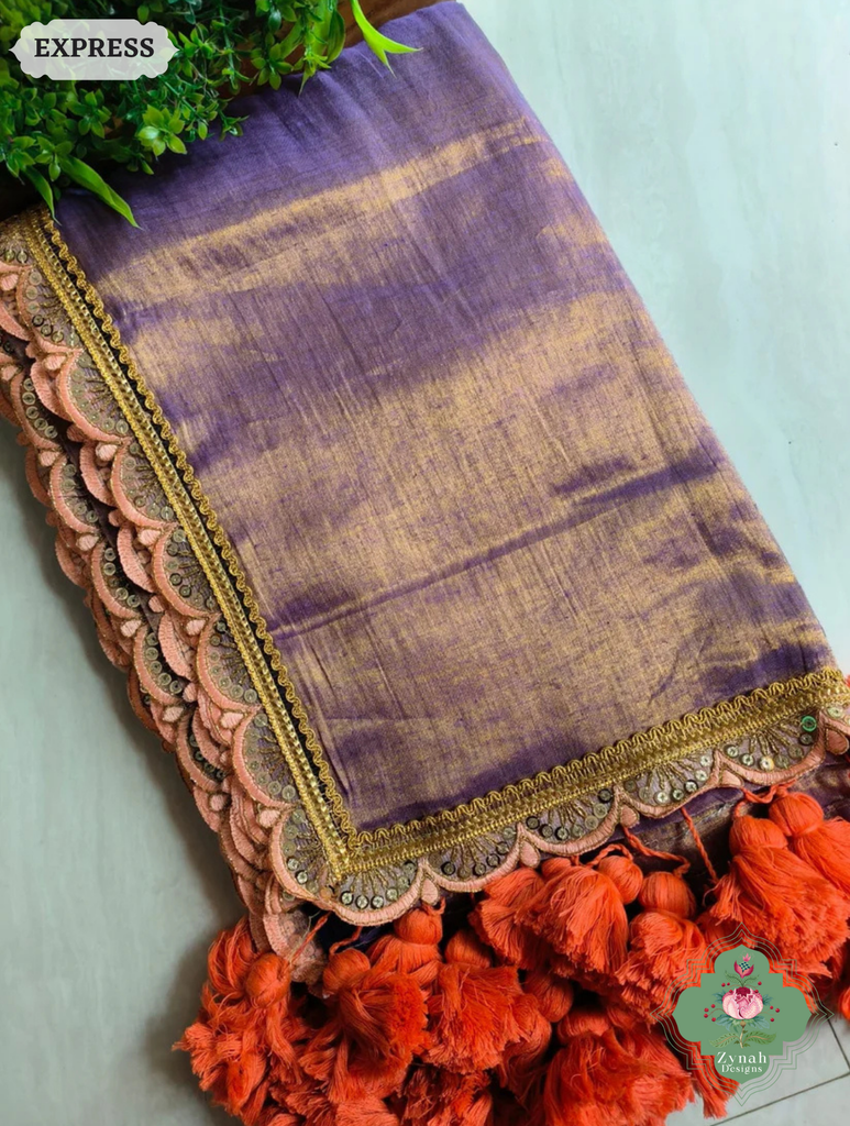 Zynah Metallic Antique Lavender Linen Tissue Saree With Scalloped Lace & Orange Tassels; Custom Stitched/Ready-made Blouse, Fall, Petticoat; SKU: 2703202501