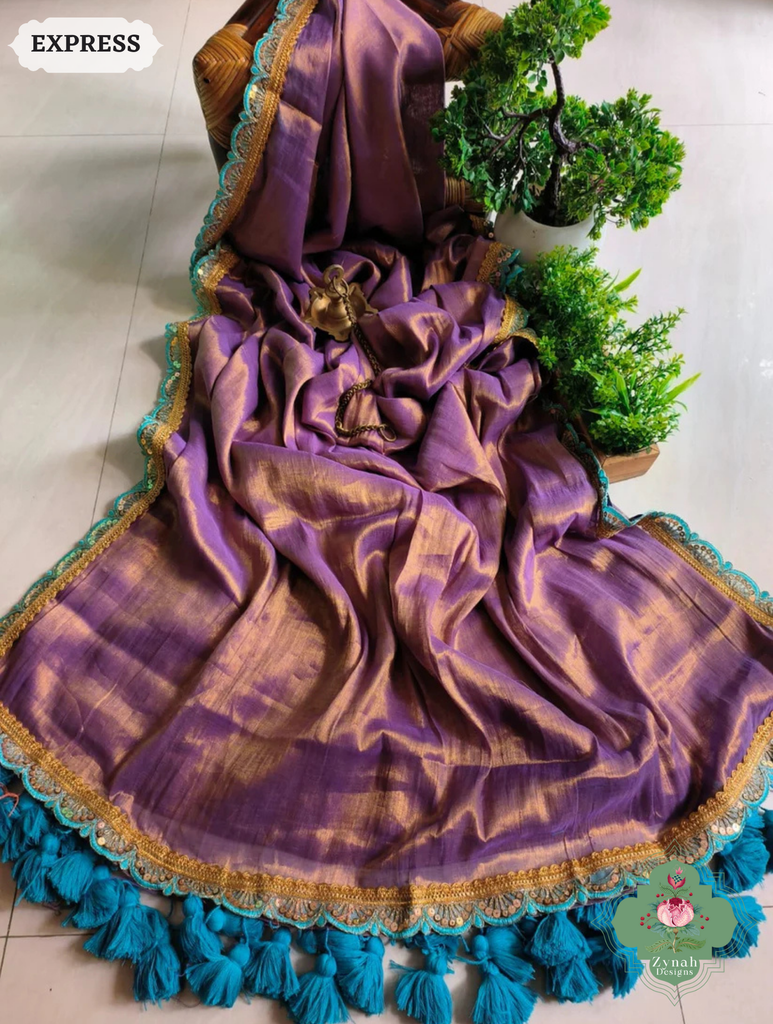 Zynah Metallic Antique Lavender Linen Tissue Saree With Scalloped Lace & Turquoise Tassels; Custom Stitched/Ready-made Blouse, Fall, Petticoat; SKU: 2703202502